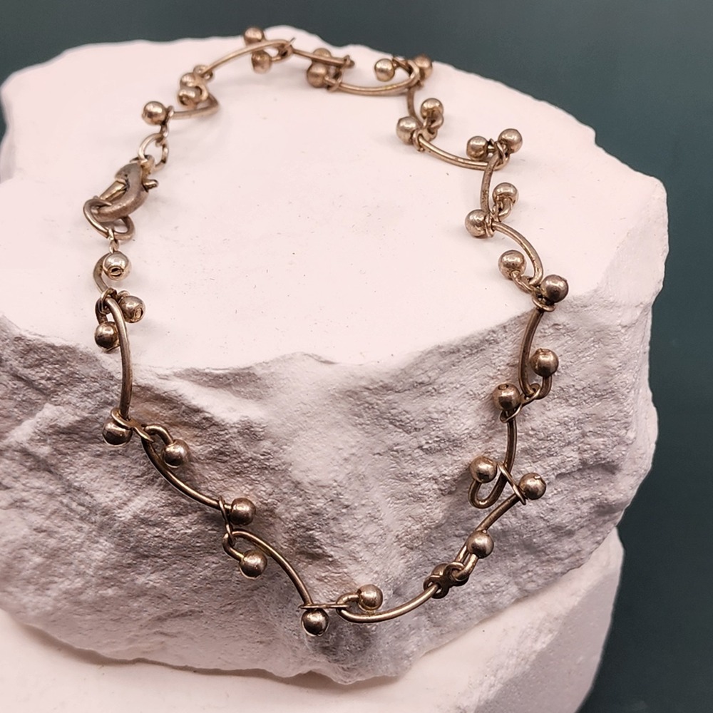 Vintage Silver Tone Ball Dangle Link Bracelet Modernist Boho Statement Jewelry